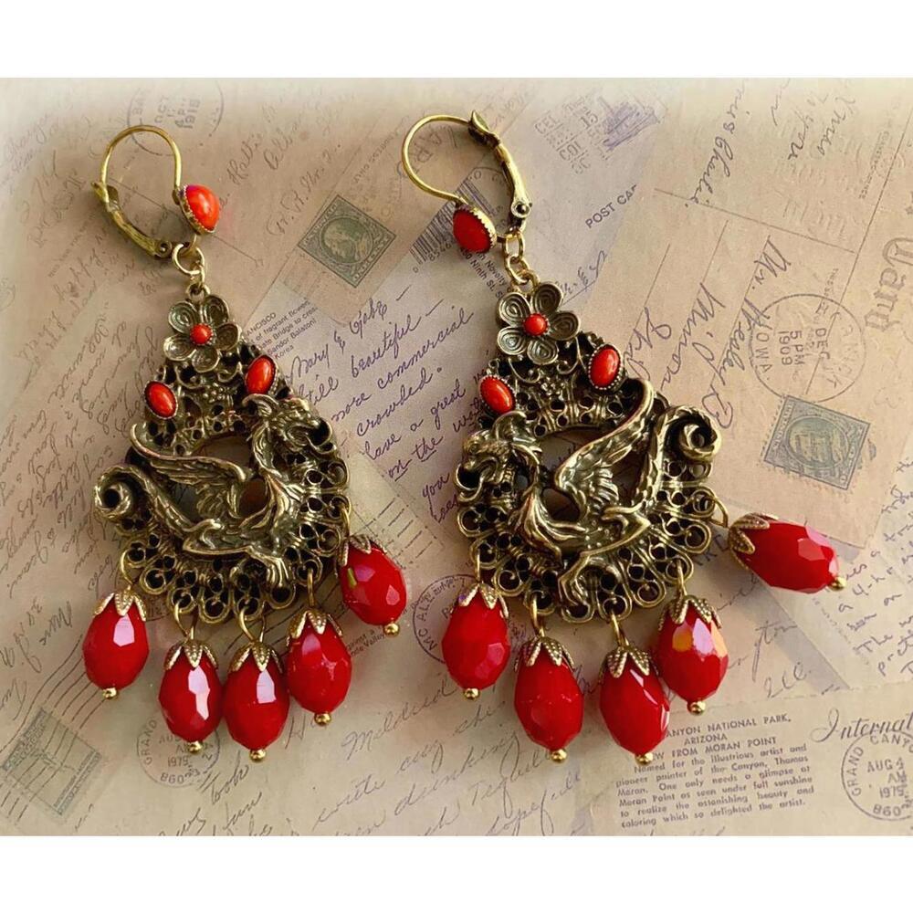 Red Griffin Filigree Chandelier Statement Drop Earrings Brass Boho